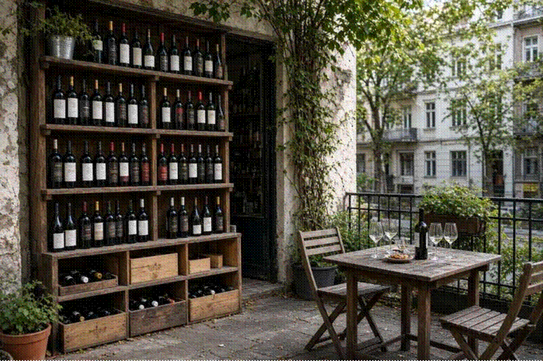 Cím: Wine terrace and bottle wall in a Budapest neighbourhood shop – Onlinebor.hu – leírás: Wine terrace and bottle wall in a Budapest neighbourhood shop – Onlinebor.hu